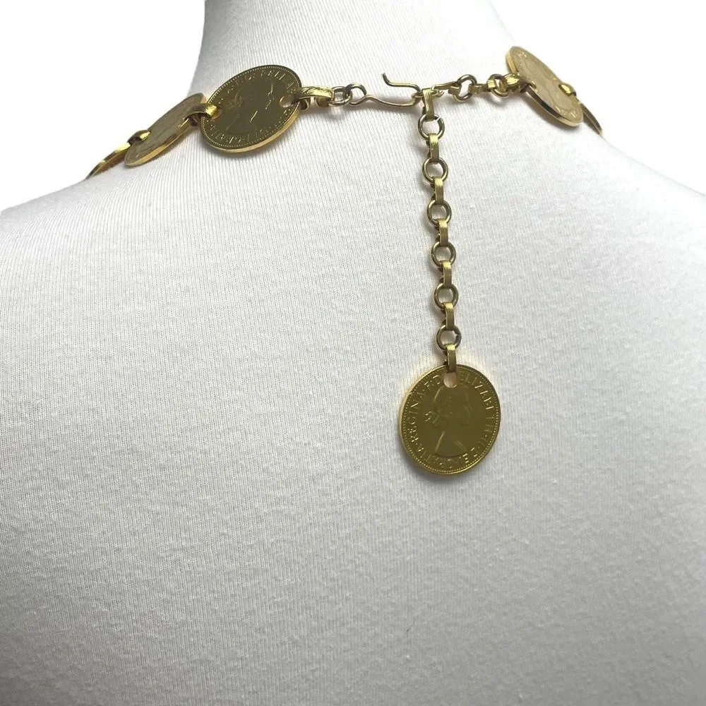 Vintage Queen Elizabeth II One Pense Coin Belt. Chain Coins belt Gold tone UK